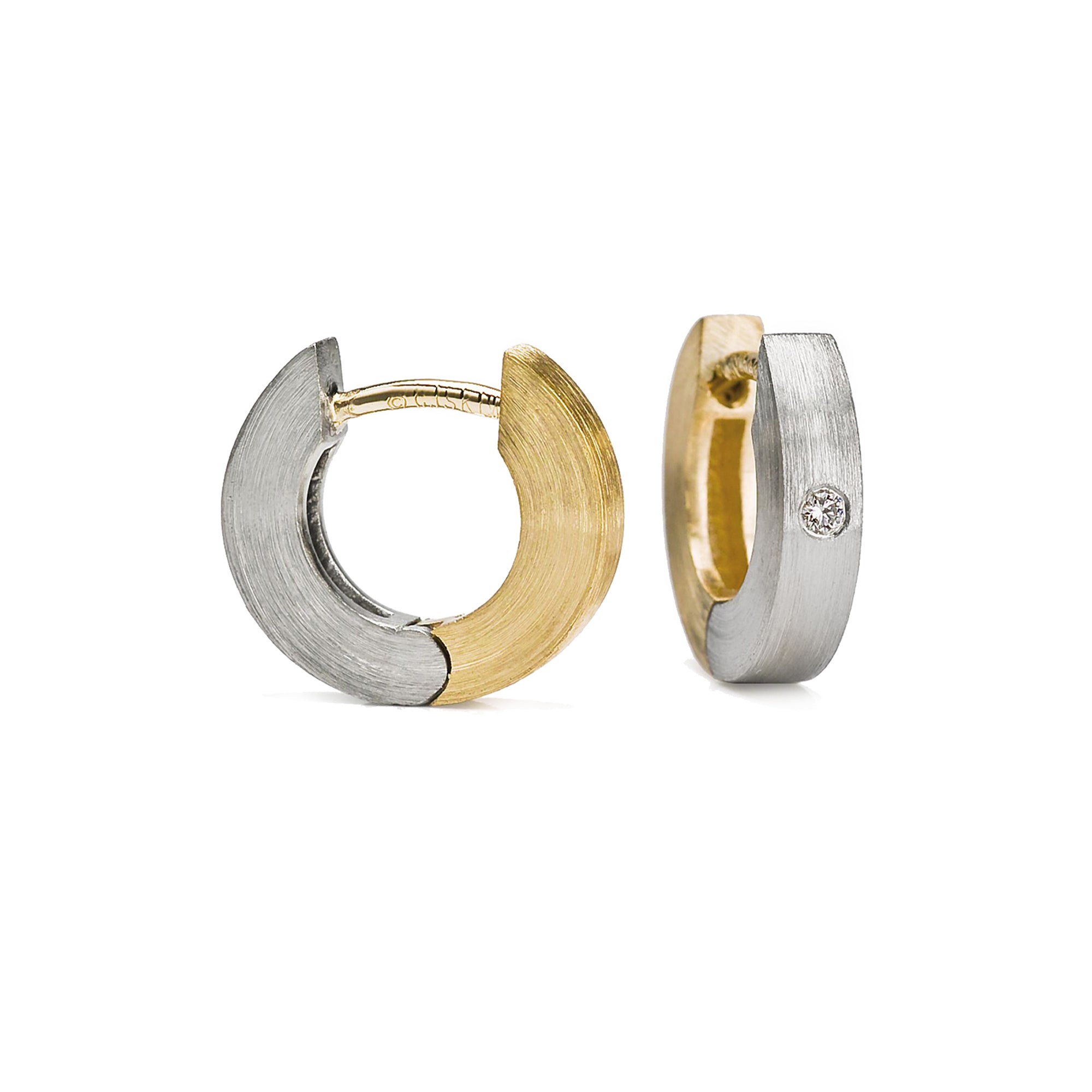 These flat profile hinged hoops earrings are 18k yellow gold and palladium with small diamonds burnish set in the palladium. 