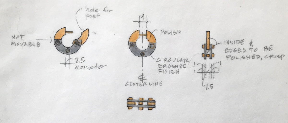 A drawing in pen and colored for gold and platinum, of a small industrial style hoop earring with rivets set with diamonds.