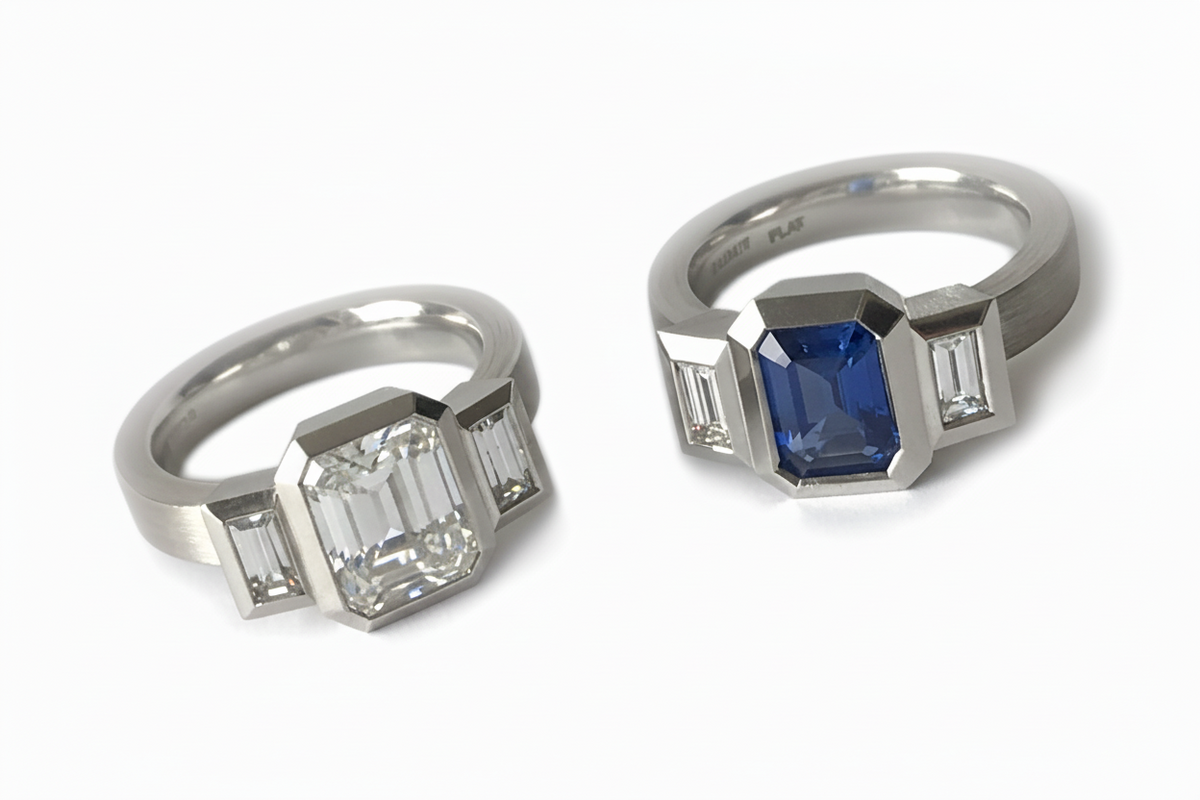 Bezel setting vs prong setting engagement rings comparison showing modern bezel-set diamond ring