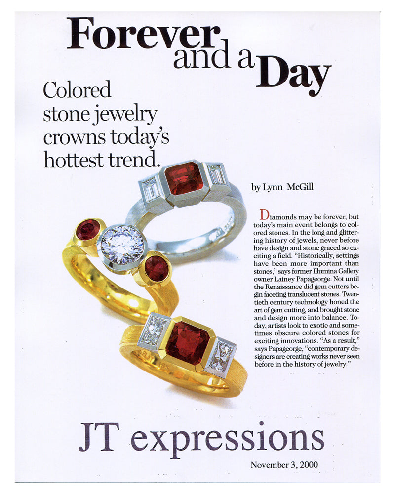 Article and photo in JT Expressions of three of Catherine Iskiw Designs 3 stone rings. 