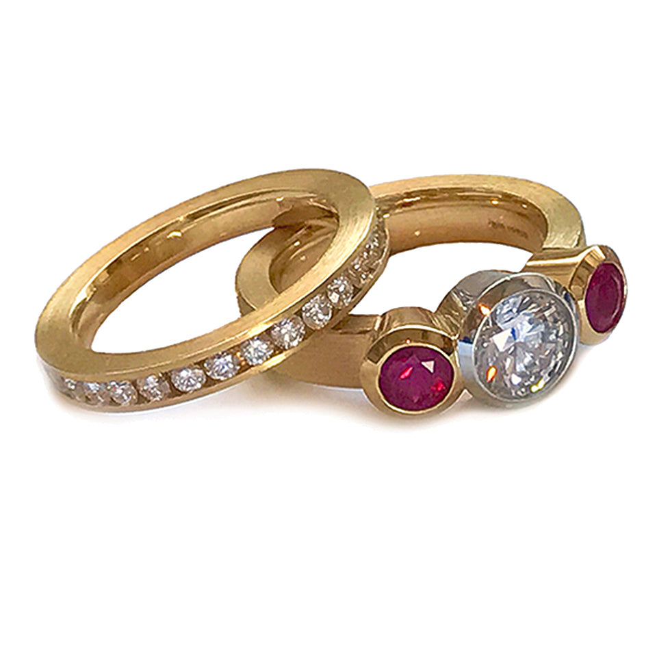 Series 16 - Element | 3 Stone Ring, 18k, Plat. + Ruby, Diamond Mounting with channel set anniversary band 