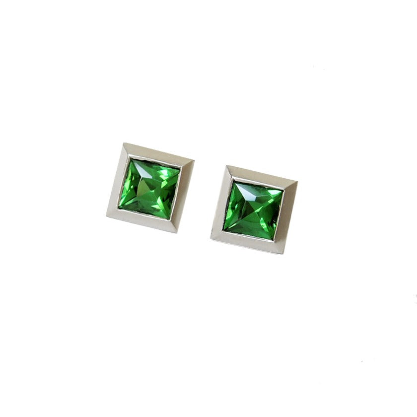 pair of princess cut tsavorite studs with front and side view