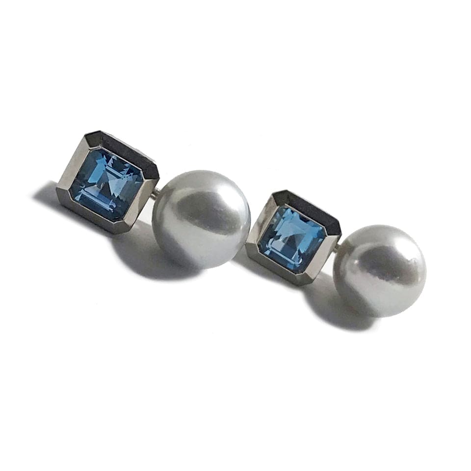 Series 20 - Oblique Fine | Emerald Cut Square, Aquamarine Stud Earrings and Pearl Jackets in Platinum