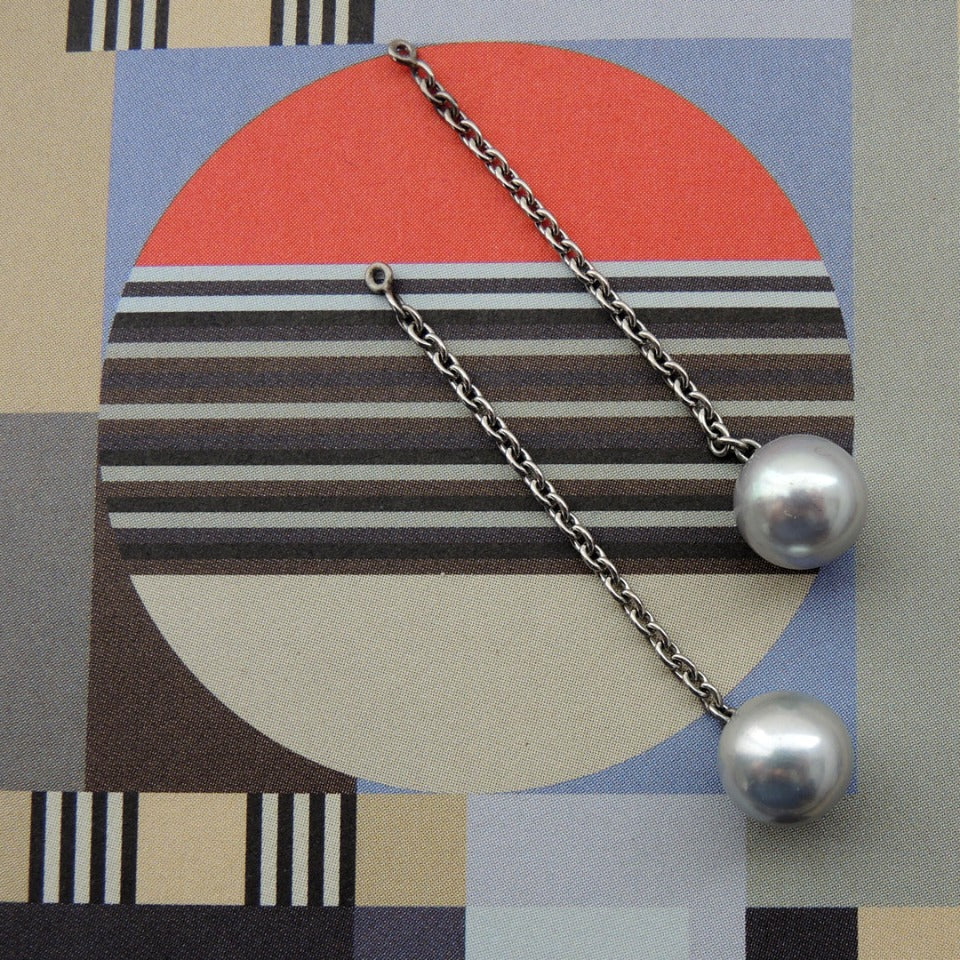 8 mm pearl studs with long chain jackets in platinum with 8 mm pearls 