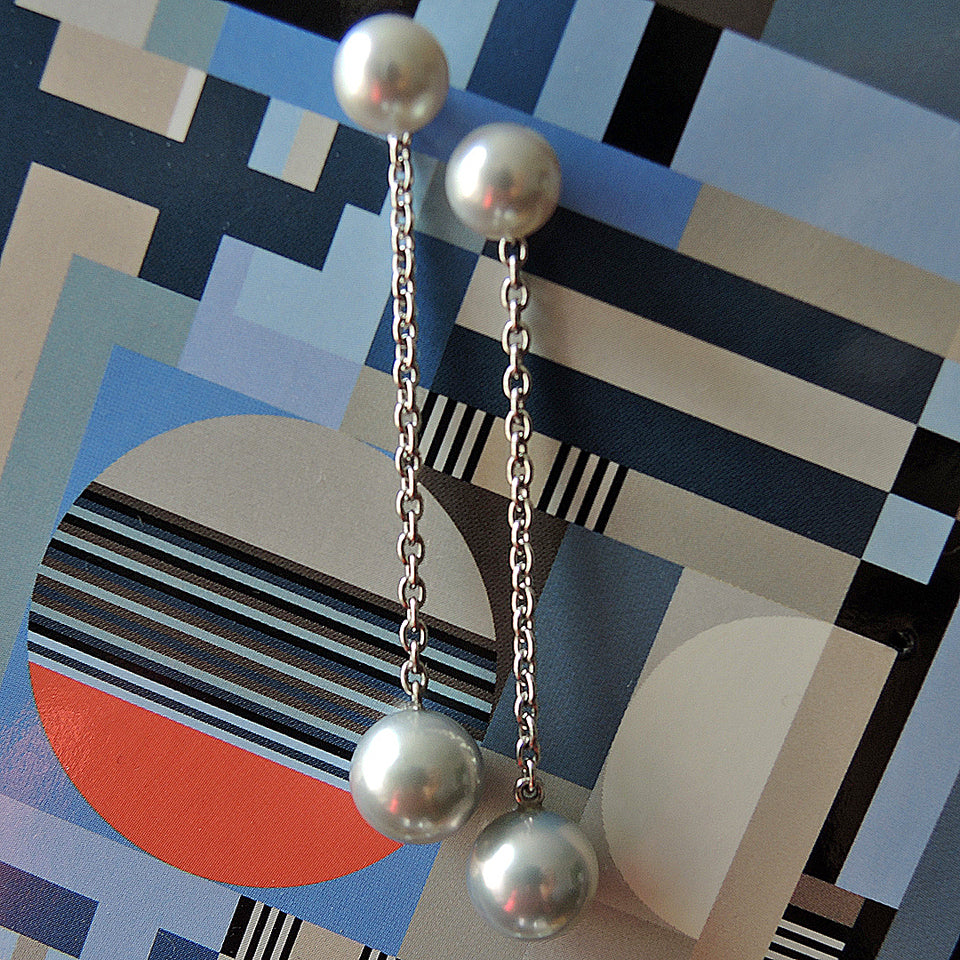 8 mm pearl studs with long chain jackets in platinum with 8 mm pearls 