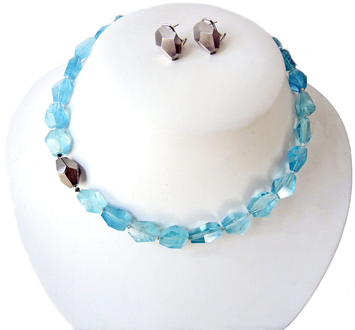 Series 34 - Cubist | Earring and Necklace, 18k White + Aquamarine Beads