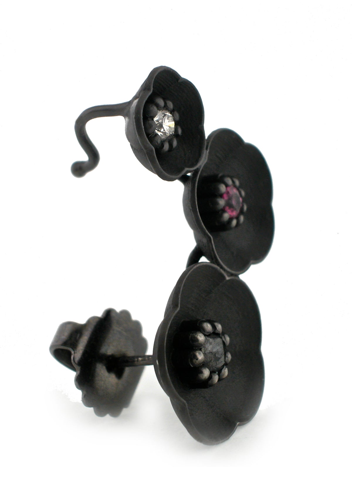 Series 46 - Cherry Blossom | Climbing Earring, Blackened Silver + Ruby, Dia., side view