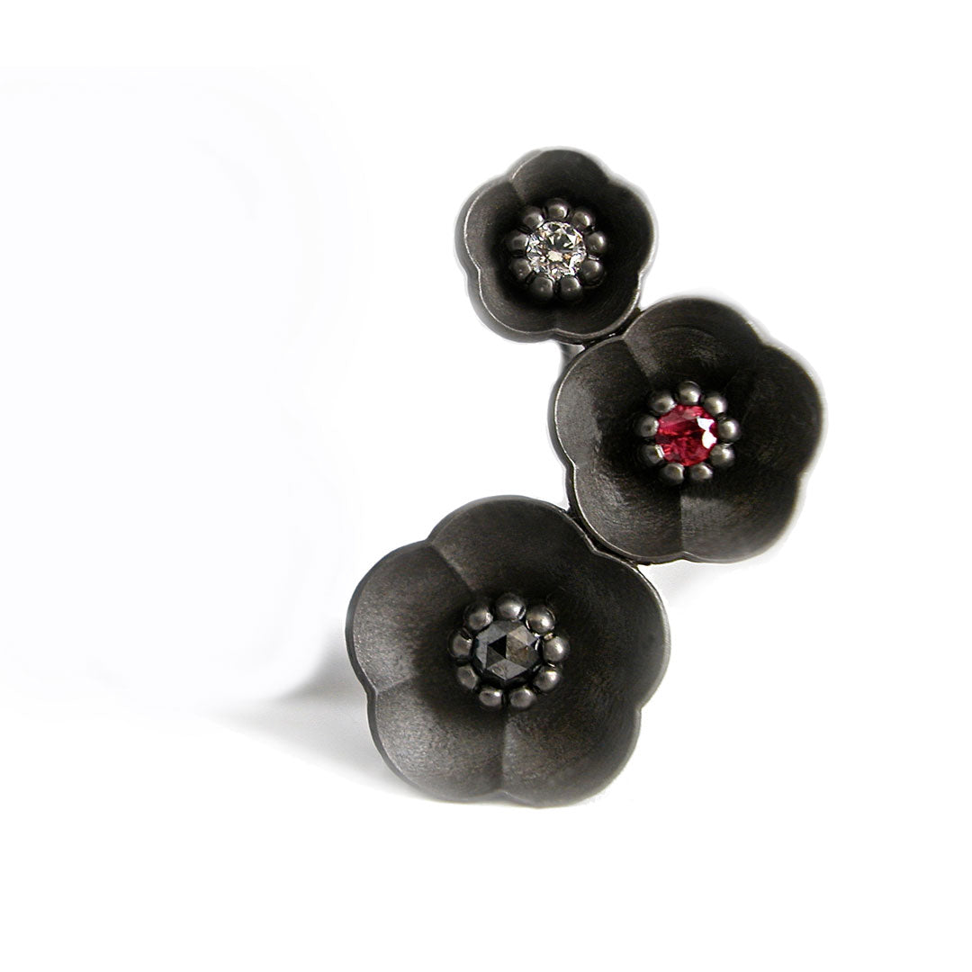 Series 46 - Cherry Blossom | Climbing Earring, Blackened Silver + Ruby, Dia., single earring