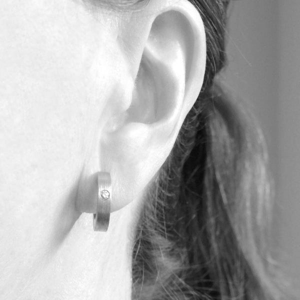 Everyday | Flat, Small Huggie Hoop Earring, Pt., 18k + Diamond