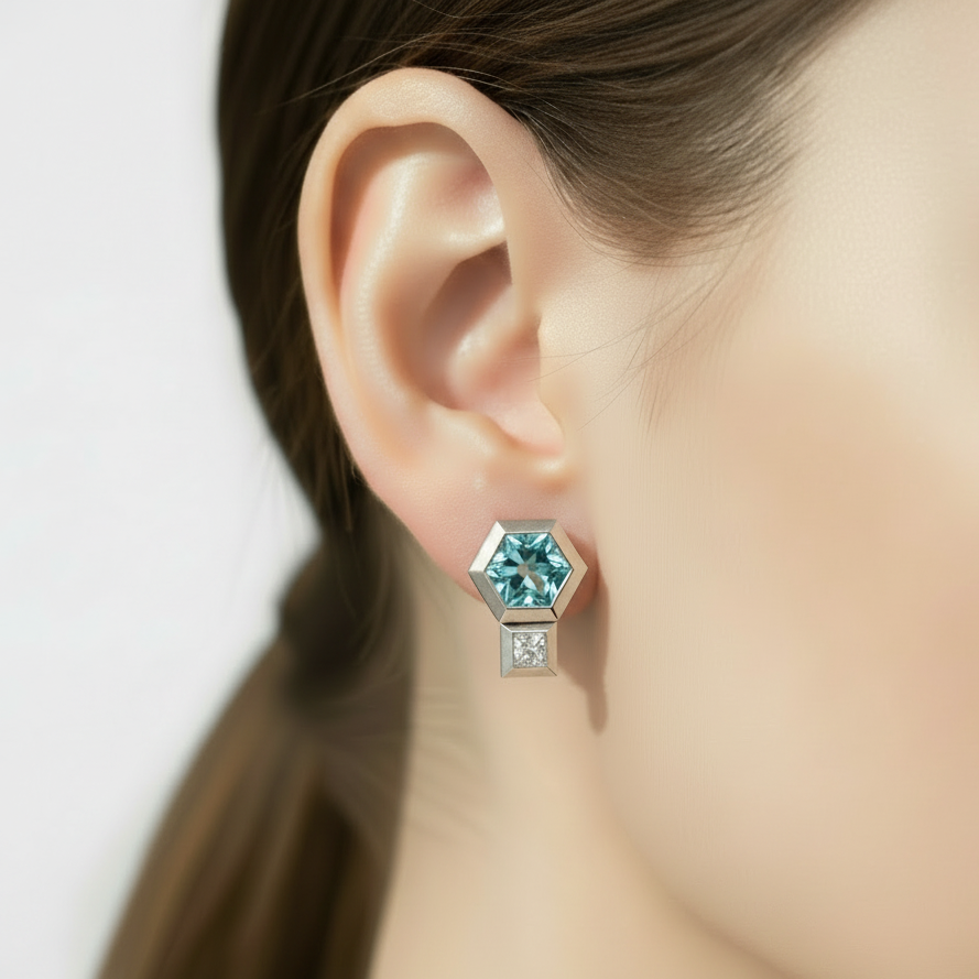 Hexagonal Aquamarine Earrings - White Background