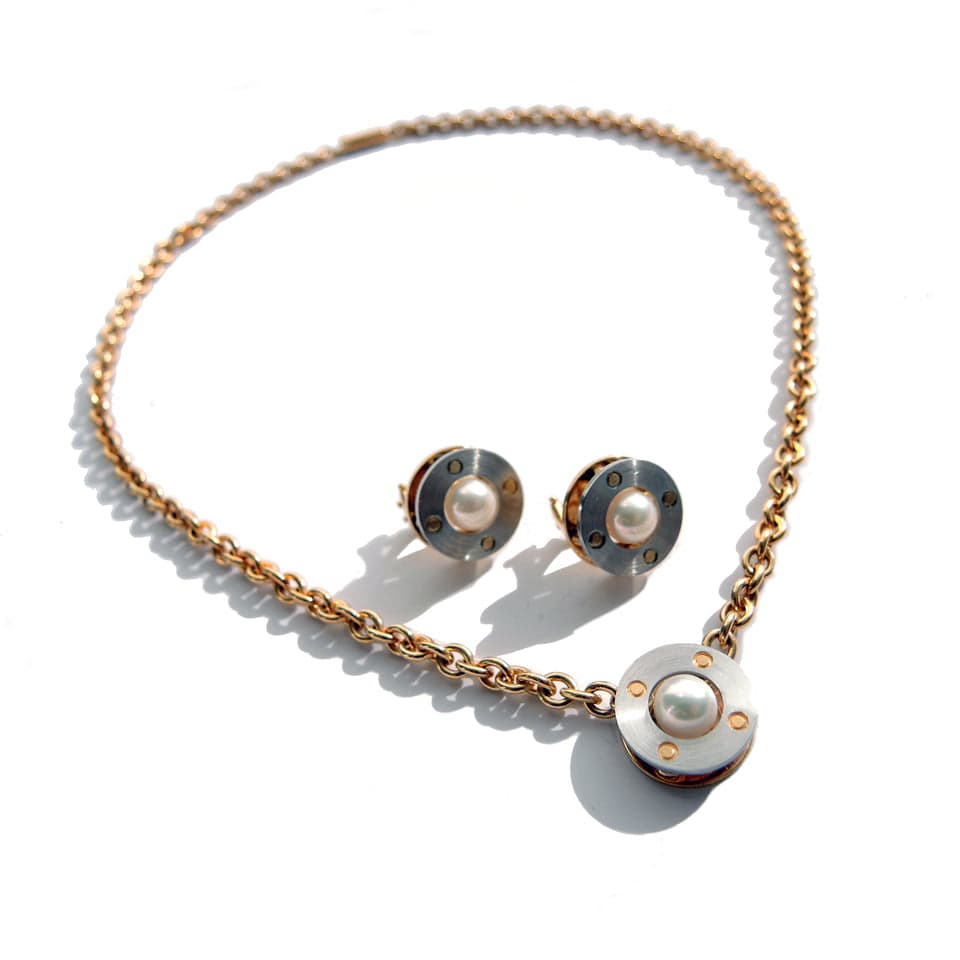 Series 3 - Riveted | Earring, Pendant Set, 18k Yellow, Plat. with Pearls