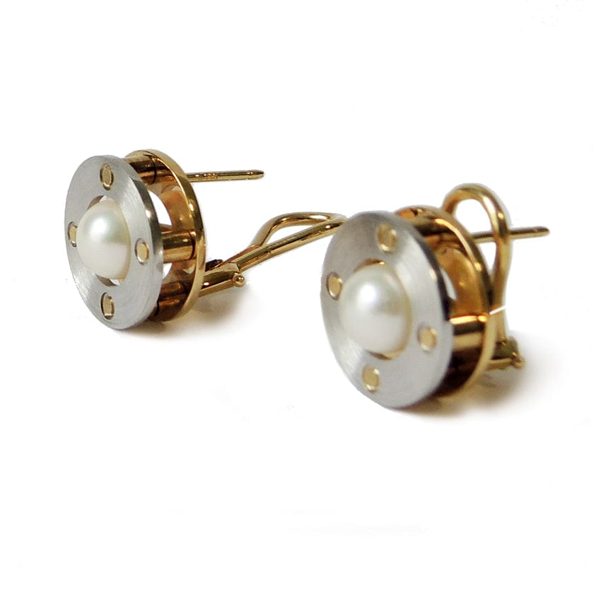 Series 3 - Riveted | Earring, Pendant Set, 18k Yellow, Platinum with Pearls side view 