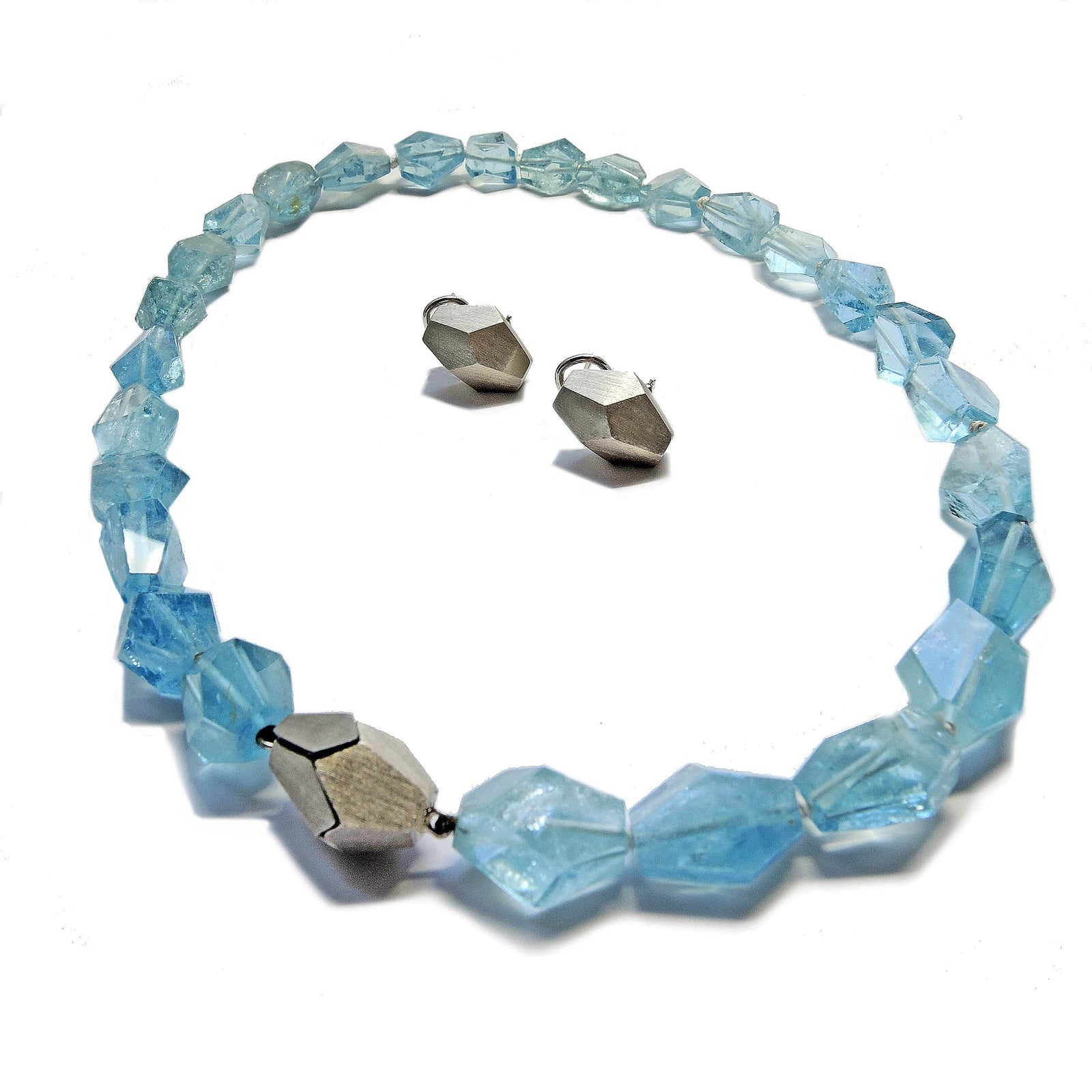 Series 34 - Cubist | Earring and Necklace, 18k White + Aquamarine Beads