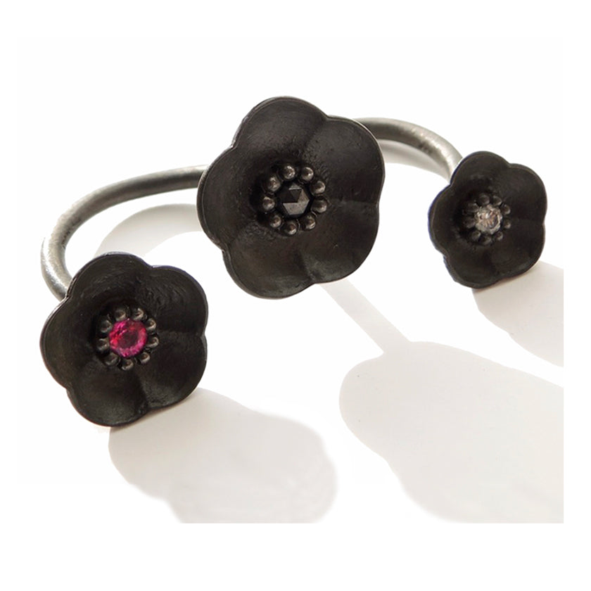 Series 46 | Cherry Blossom 2 Finger Ring, Bl. Silver,+ Diamond (SZ 7.5 / 7.75)