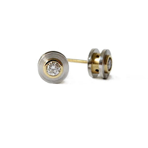 Tube Bezel, Modern Diamond Stud Earrings in Platinum, 18k + Diamonds