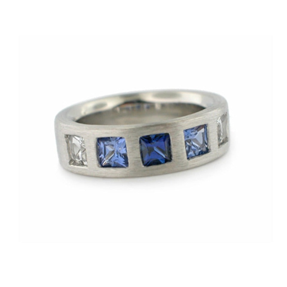 Custom Series 18 - Flat | Band in Platinum with Princess Cut Blue Sapphires