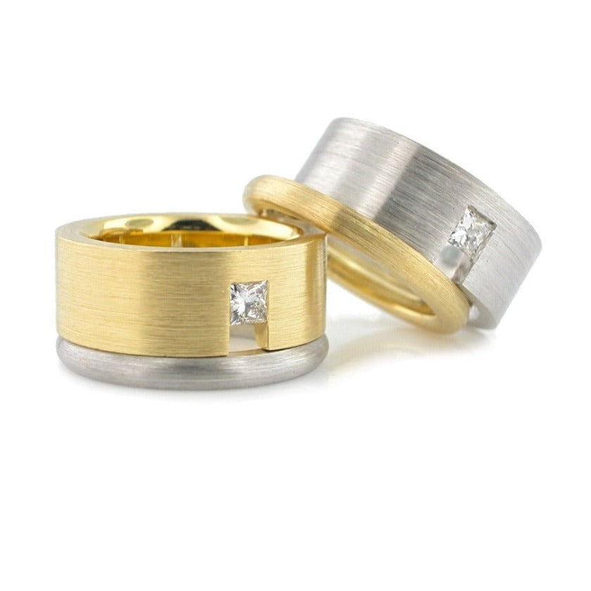Series 11 -  Flat Cut | Wedding Band, 18k White, Yellow Slim Band + Dia.