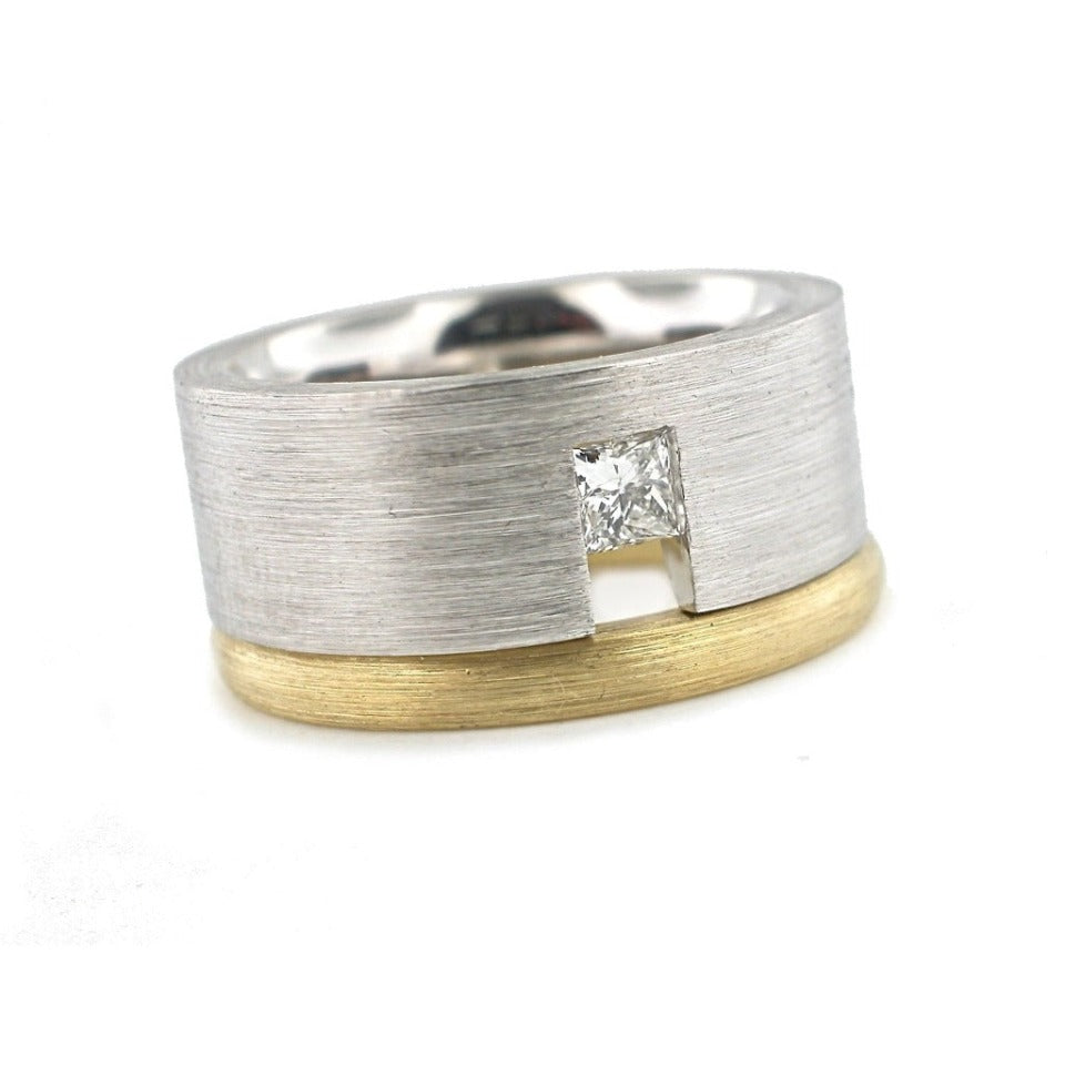 Series 11 -  Flat Cut | Wedding Band, 18k White, Yellow Slim Band + Dia.