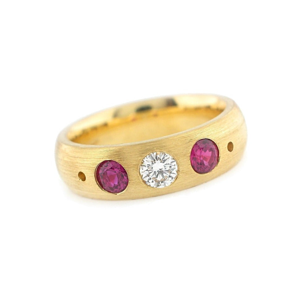 Series 19 - Domed | Wedding Band, 18k, 3.5 Ruby x 2, .20ct. Diamond