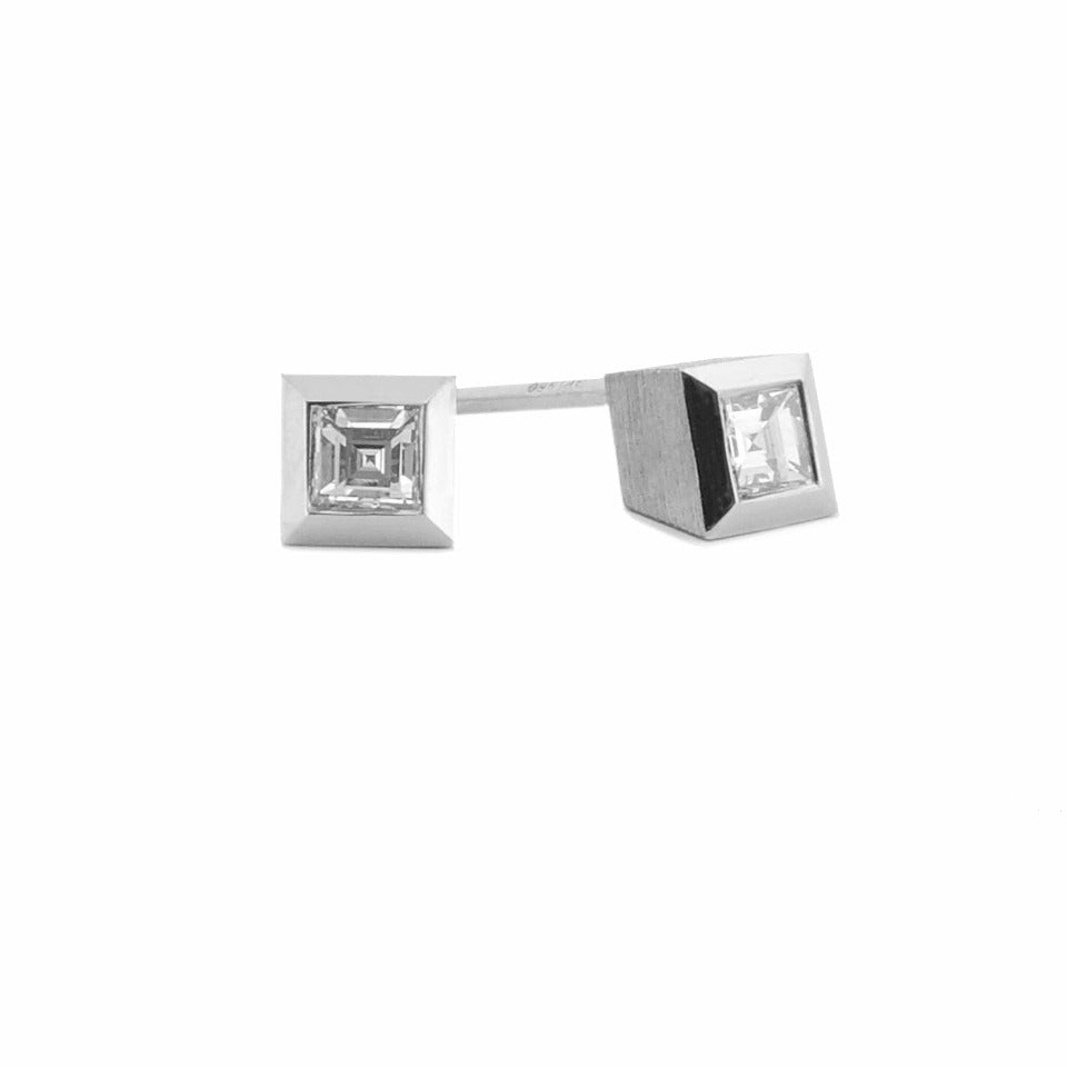 Series 17- Squared | Step Cut, Angled Diamond Stud Earrings in Platinum