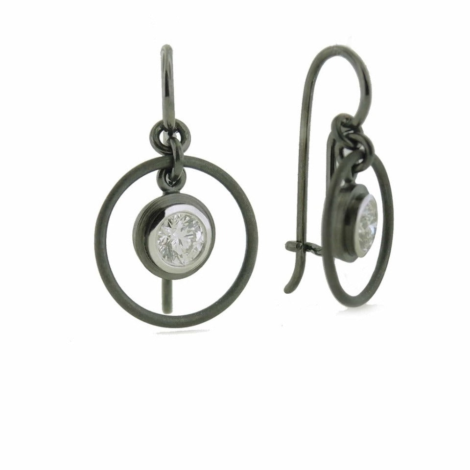 Series 8 - Simplicity | Bezel, Dangle Earrings with Circle in Blackened 18k + Diamond