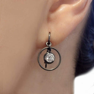 Series 8 - Simplicity | Bezel, Dangle Earrings with Circle in Blackened 18k + Diamond