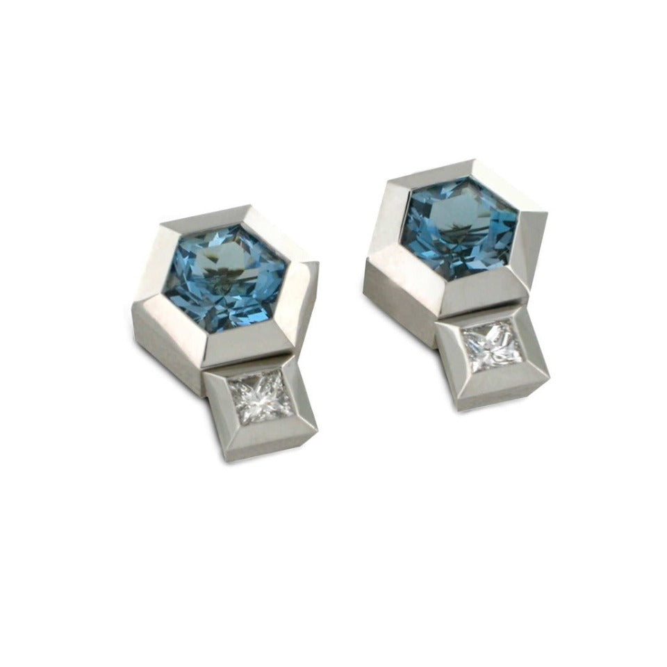 Series 27 - Hex | Stud Earrings, Aquamarine with Diamond Jackets in 18k White Gold
