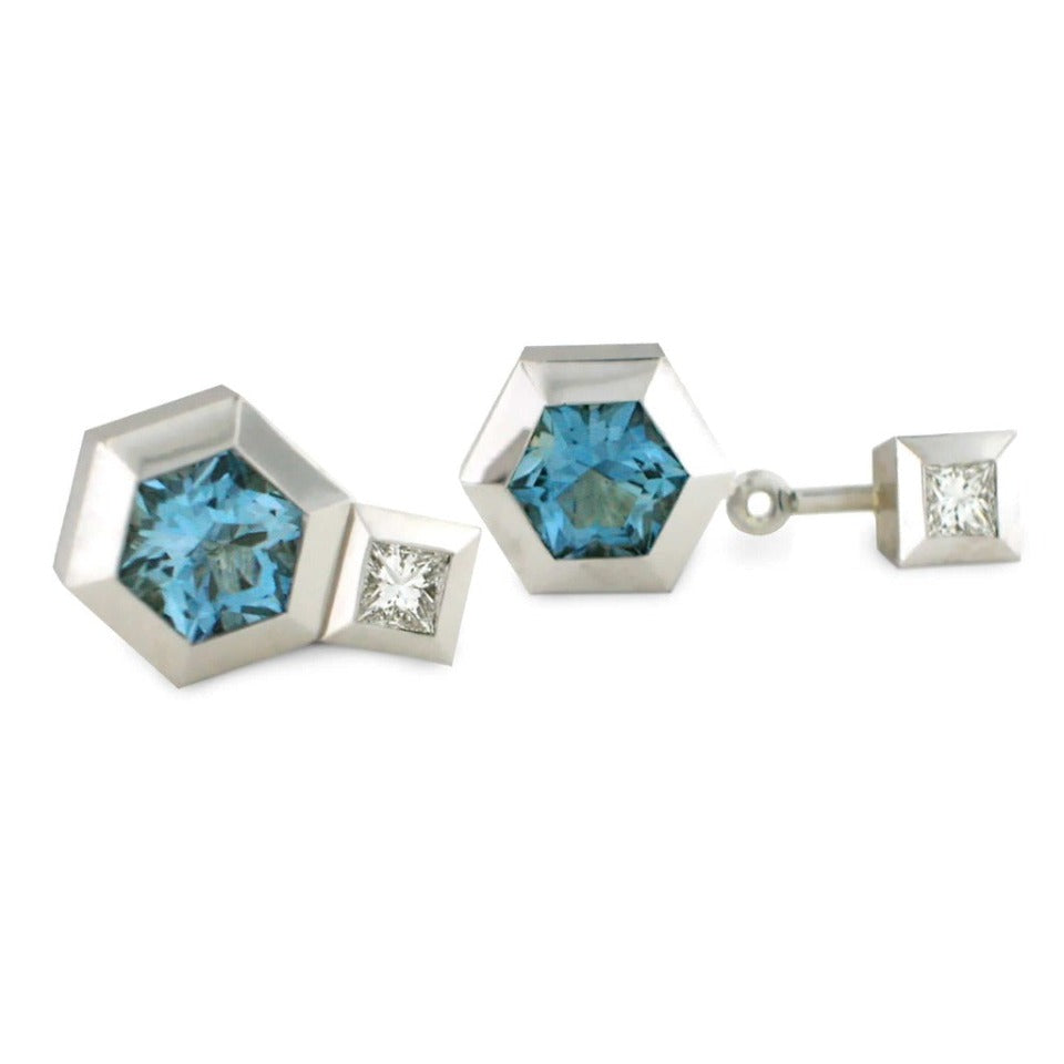 Series 27 - Hex | Stud Earrings, Aquamarine with Diamond Jackets in 18k White Gold