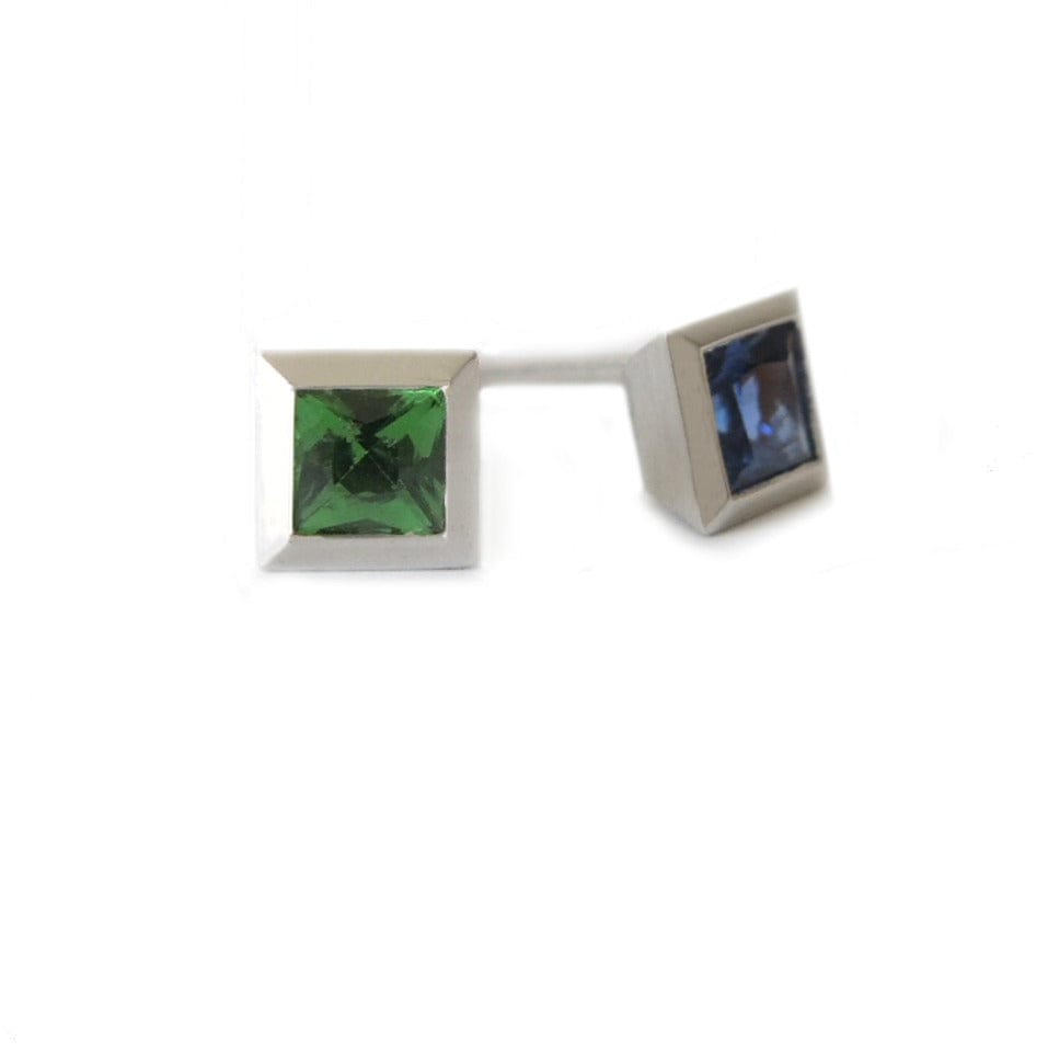 Series 17 - Squared | Stud Earring, Plat., Blue Sapphire + Tsavorite
