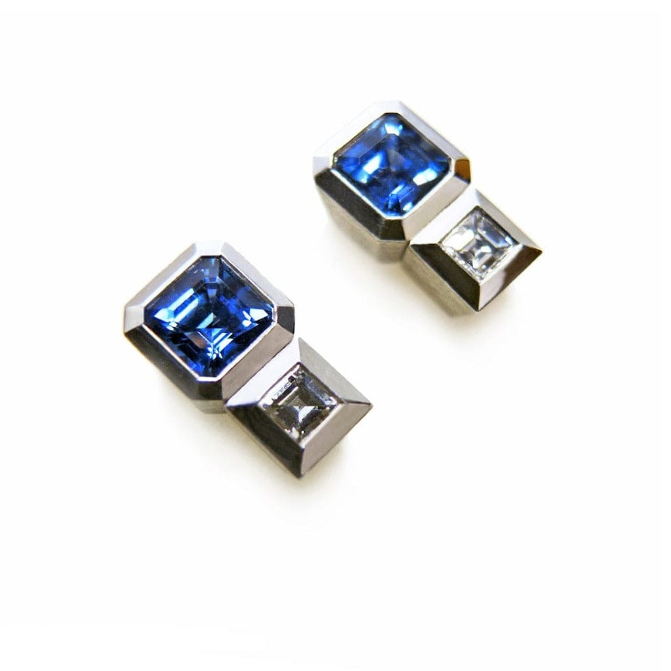 Series 20 - Oblique Fine | Emerald Cut Sapphire Stud Earrings, Diamond Jackets in Plat.