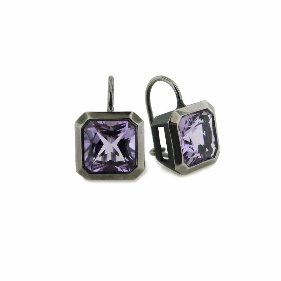 Series 20 - Oblique Sterling | Ear Wire, Blackened Silver + Quartz or Topaz