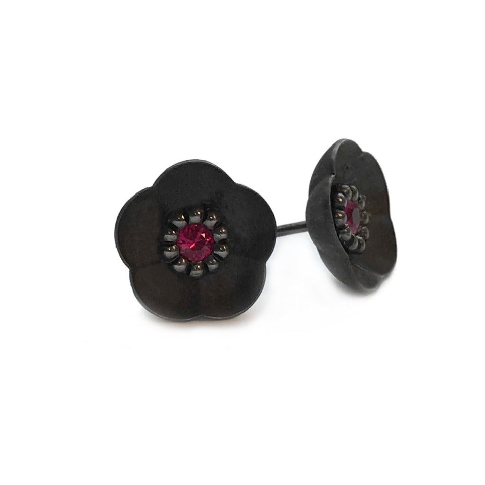 Series 46 - Cherry Blossom | Stud Earring, Blackened Silver + Ruby (MEDIUM)