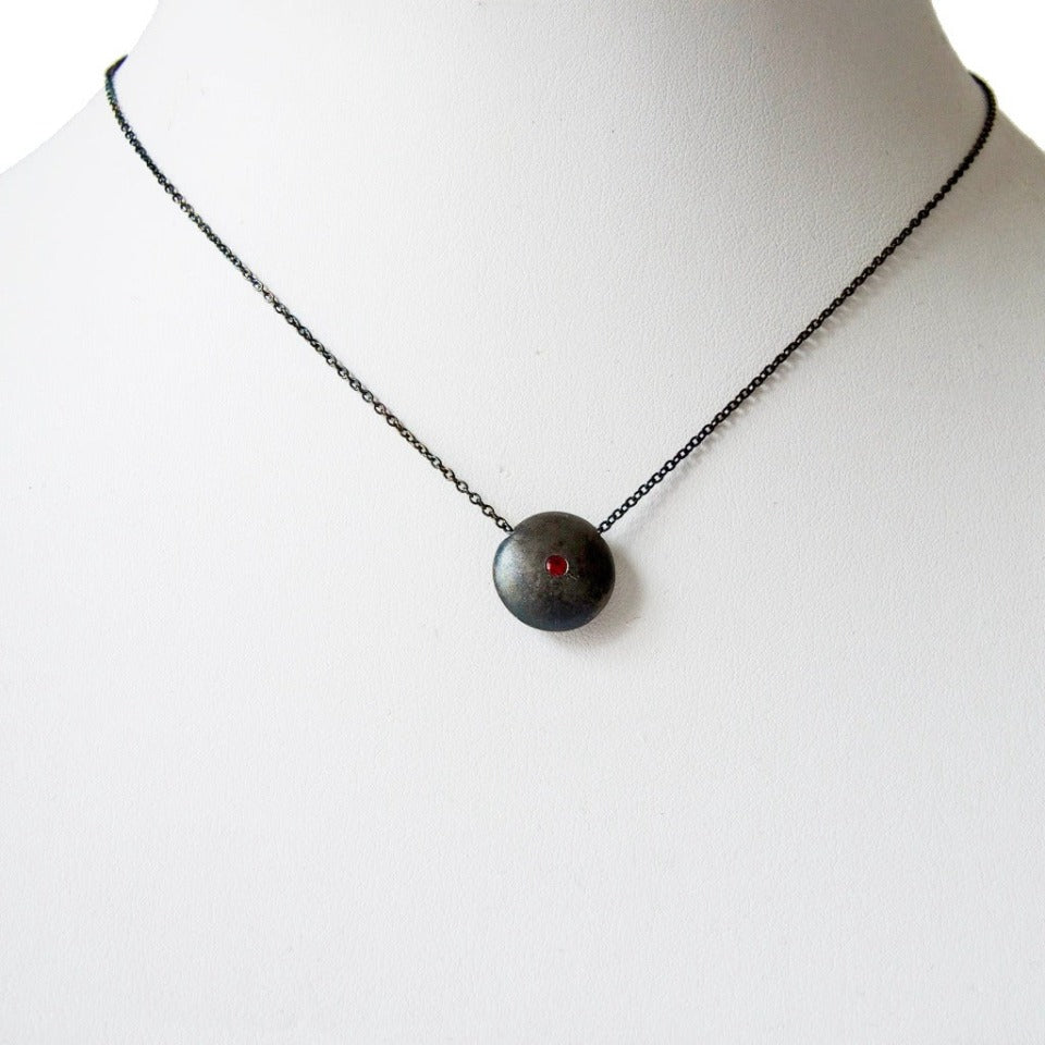 Series 44- Ellipse | Small Pendant, Blackened Silver, Diamond + Ruby
