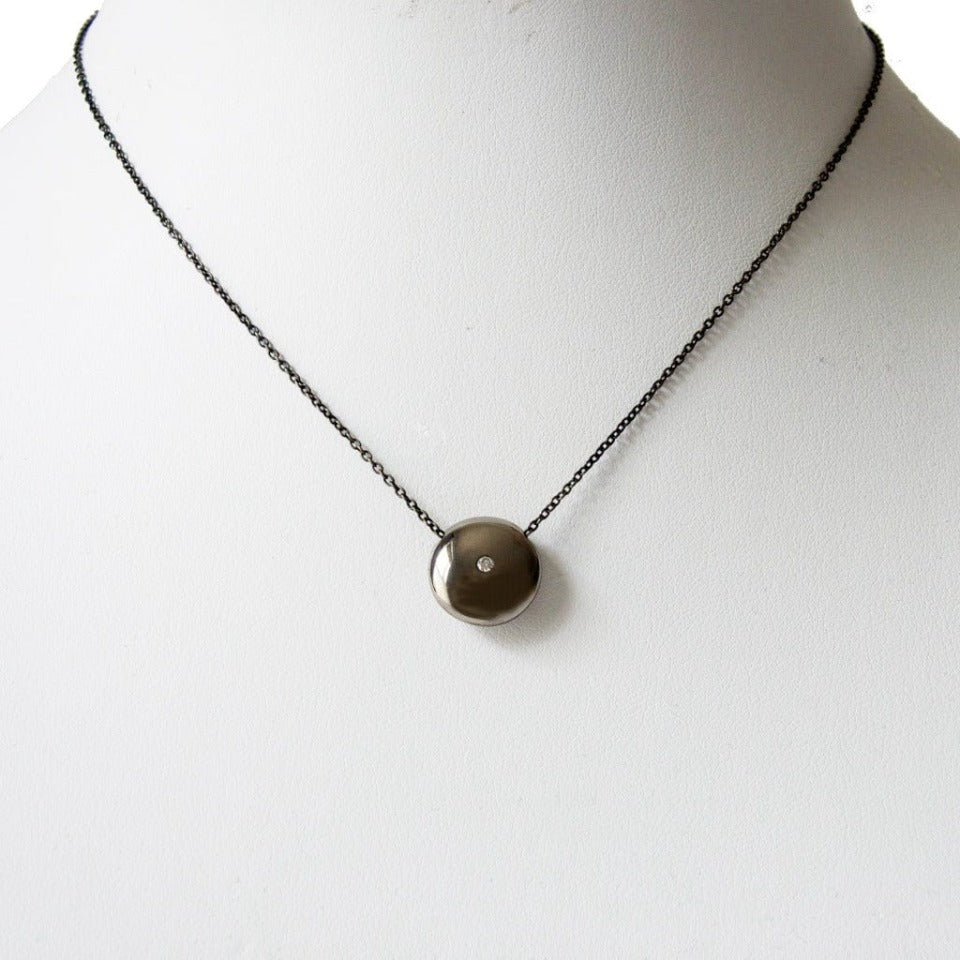 Series 44- Ellipse | Small Pendant, Blackened Silver, Diamond + Ruby