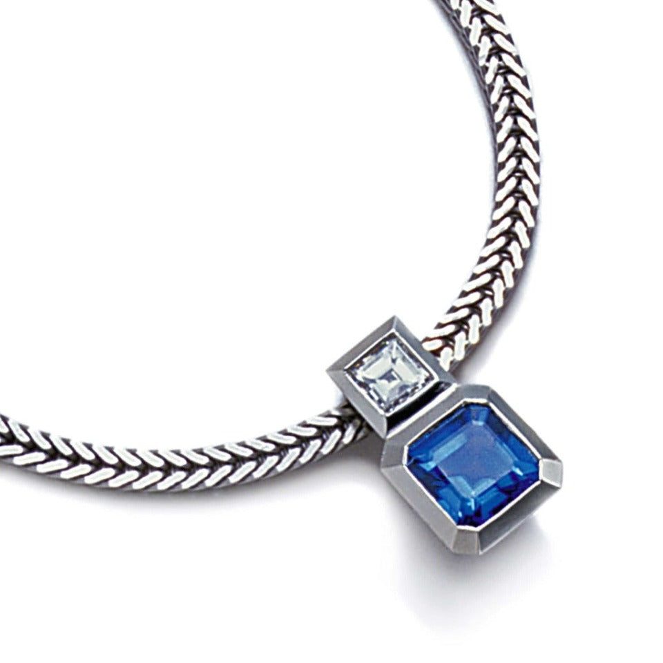 Series 20 - Oblique Fine | Pendant, Platinum + 6mm Blue Sapphire + Diamond