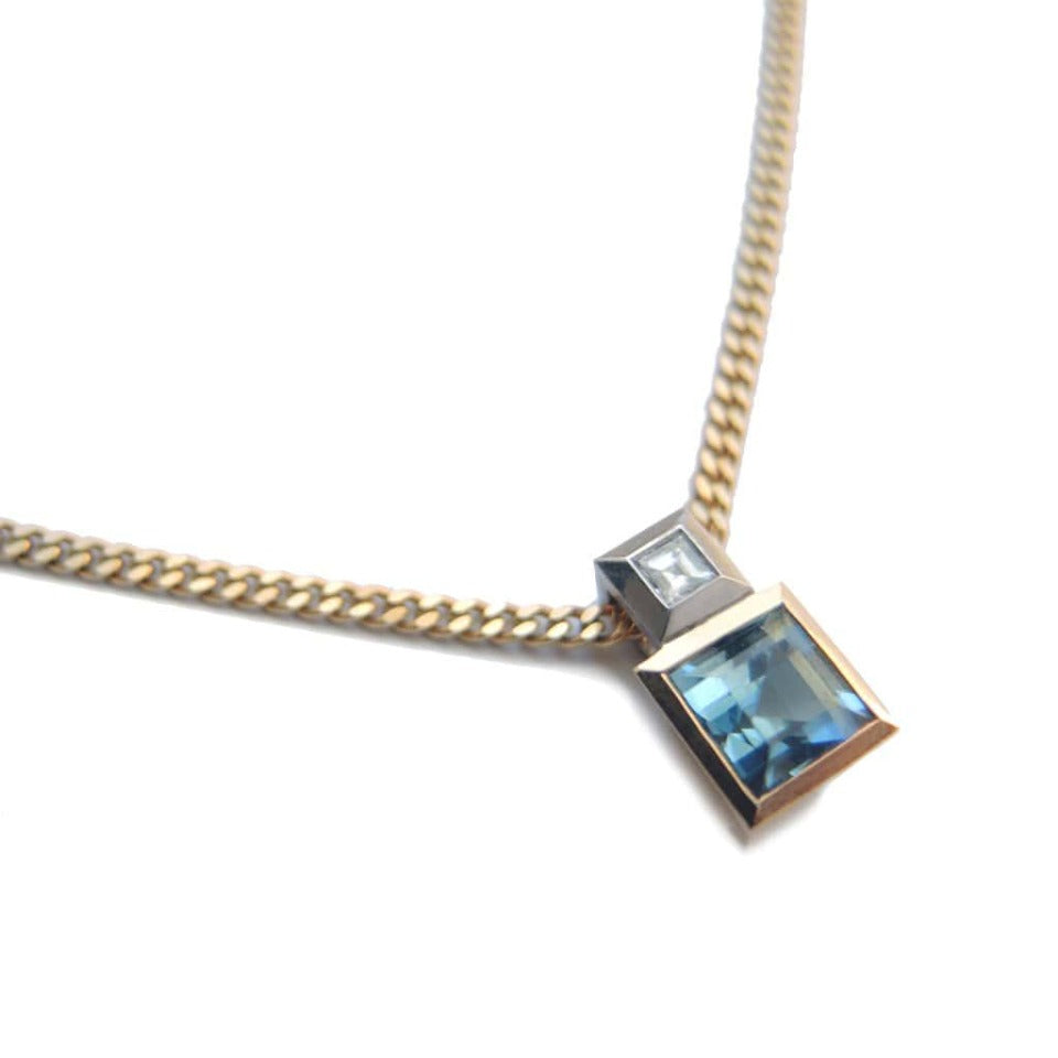 Series 17 | Squared Pendant, 18k, Platinum, Step Cut Aquamarine + Dia.