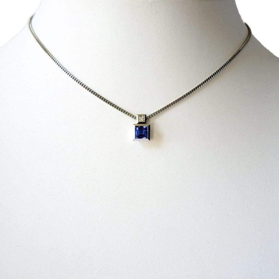 Series 17 - Squared | Pendant in  Platinum, Step Cut, Square Tanzanite + Diamond
