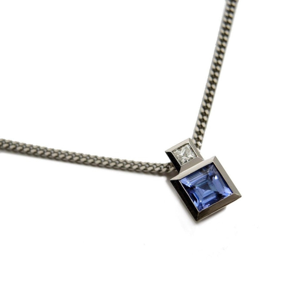 Series 17 - Squared | Pendant in  Platinum, Step Cut, Square Tanzanite + Diamond