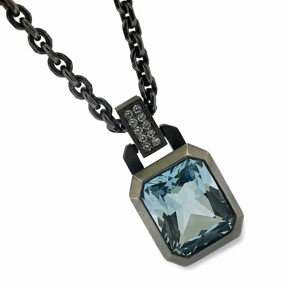 Series 20 - Oblique Sterling | Pendant, Bl. Silver + 12 x10 mm Quartz or Topaz,  Dia.