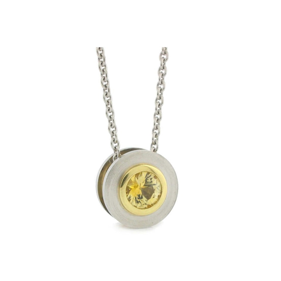 Tube Bezel, Modern Solitaire Pendant in Platinum, 18k + Yellow Sapphire