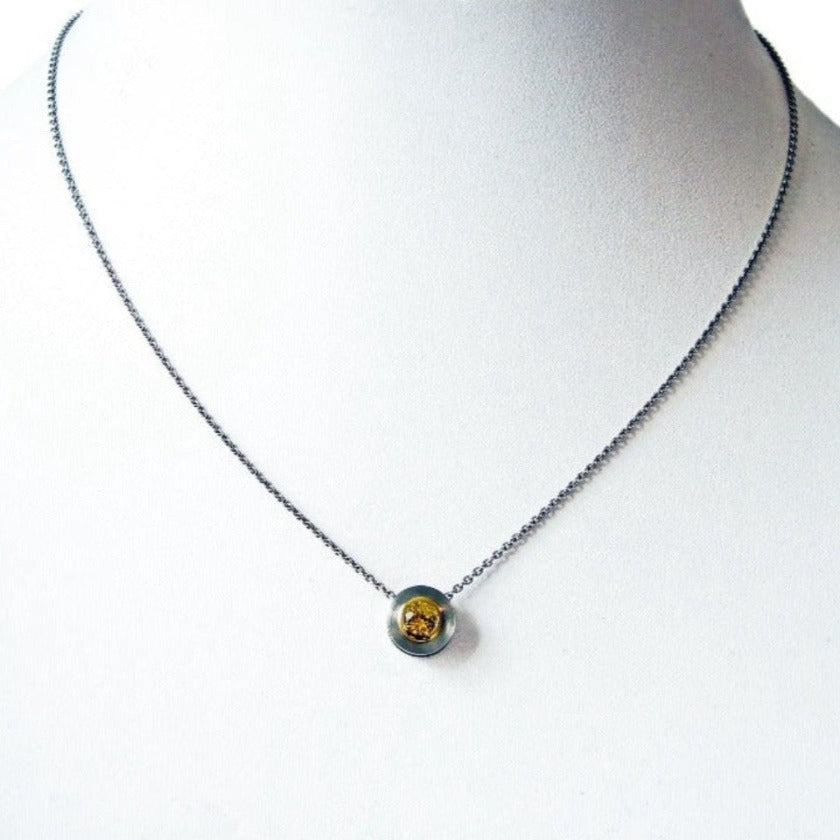 Tube Bezel, Modern Solitaire Pendant in Platinum, 18k + Yellow Sapphire