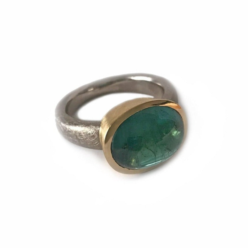 Bezel Set, Cabochon Gemstone Ring in Matte 18k Yellow and White