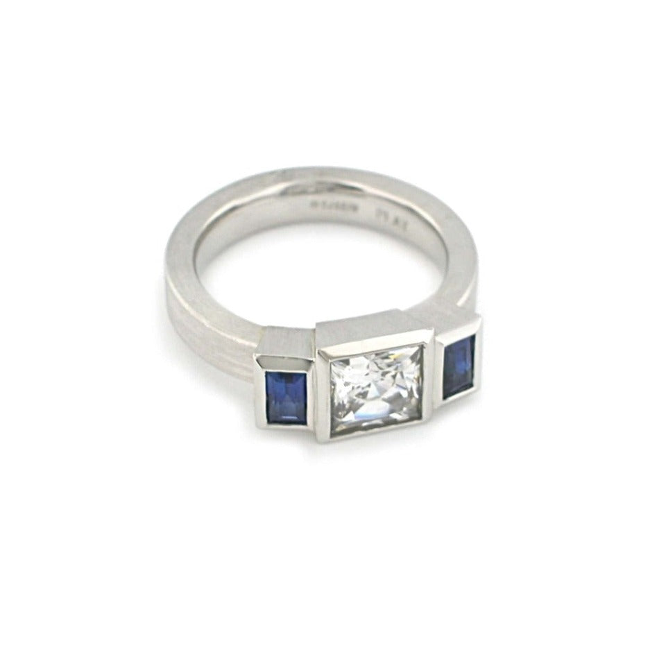 Series 17 - Squared | 3 Stone Ring,  Plat. + Sapphire, Dia. Mounting (SIZE 6.25)