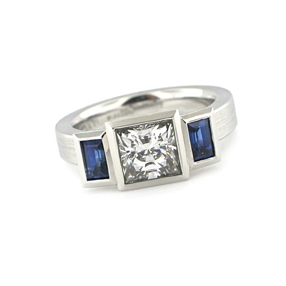 Series 17 - Squared | 3 Stone Ring,  Plat. + Sapphire, Dia. Mounting (SIZE 6.25)