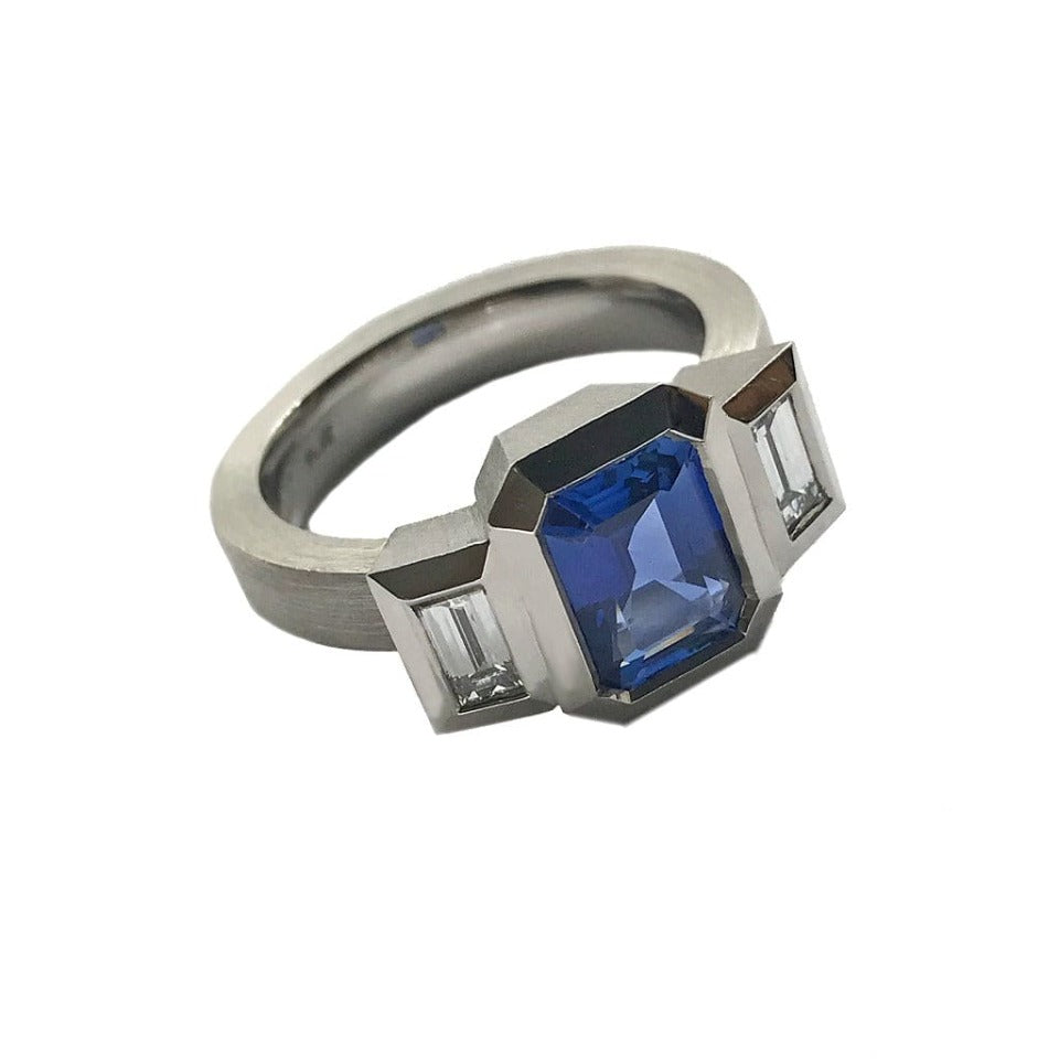 Best 3 Stone Ring in Platinum + 8 x 6 mm Blue Sapphire and
