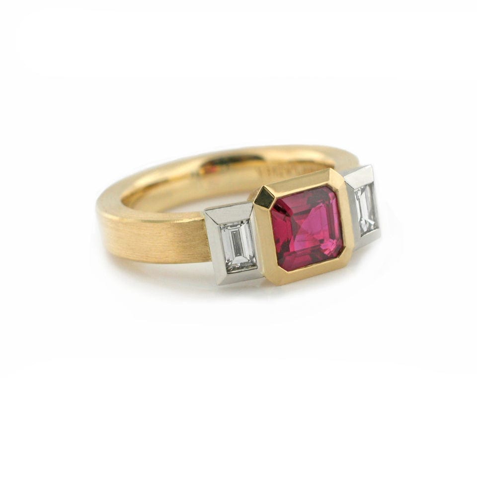 Series 20 - Oblique Fine | Engagement Ring, 18k, Plat., Ruby + Dia. (SIZE 6.5)