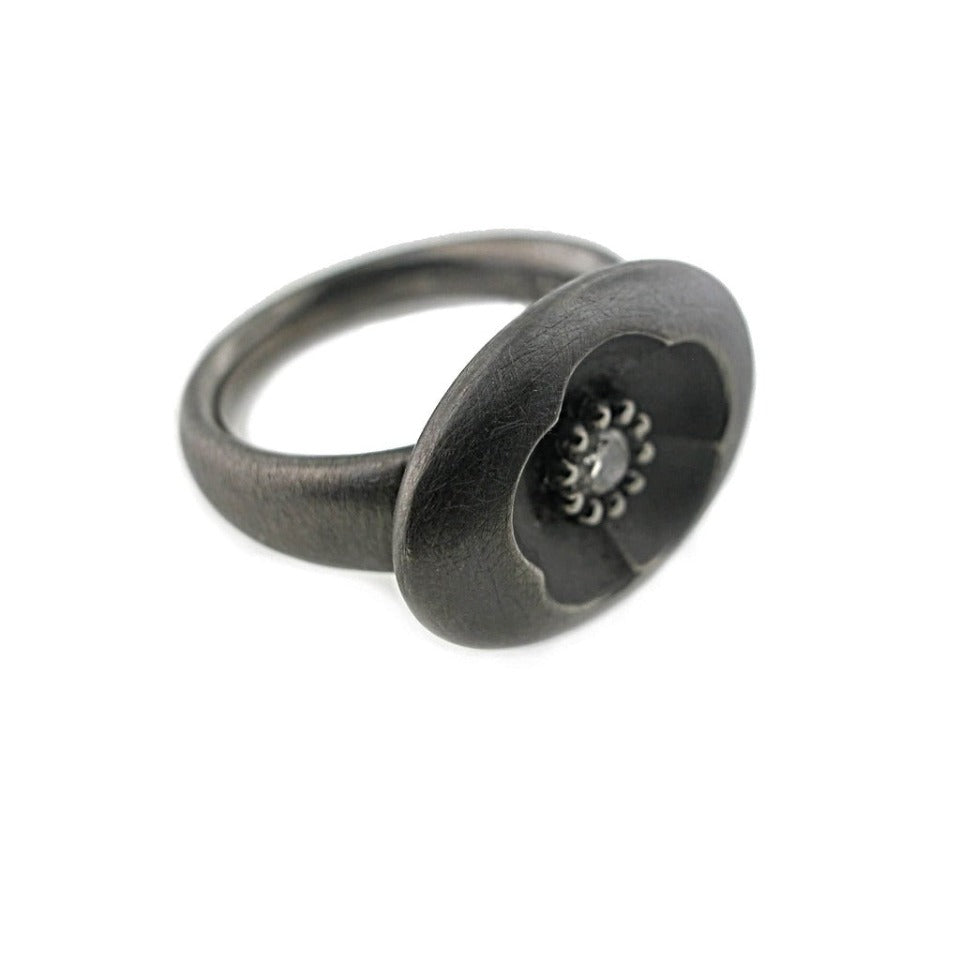 Unique Cherry Blossom Ring in Blackened Silver + .09 Ct. Diamond Pre-Order | Bl. Silver, Diamond, Note Size 5.5 - 8.5