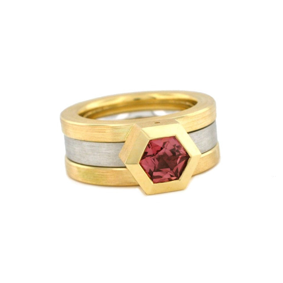 Series 14 - Parallel | Wide Band Ring Set, 18k Y+W, Hex Pink Sapphire